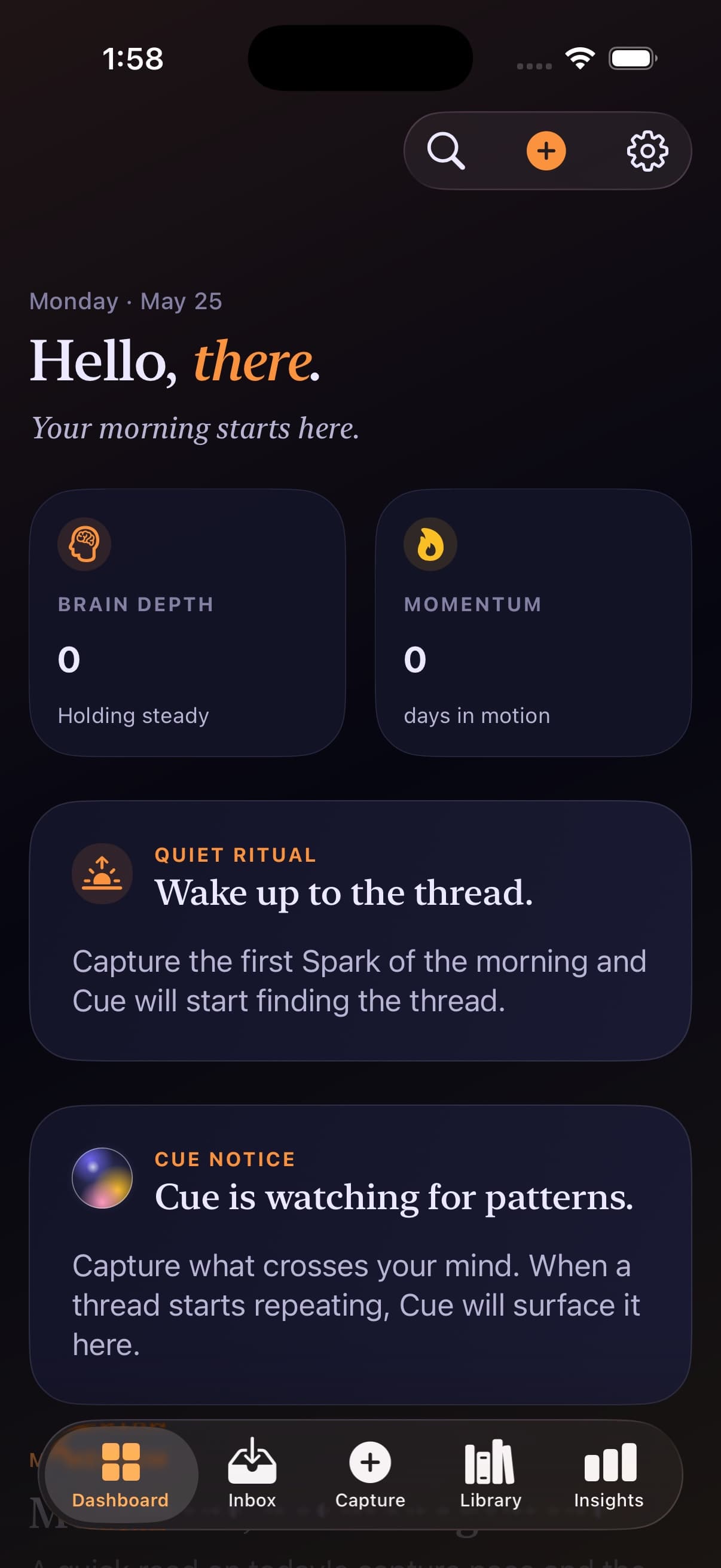 MorningKeep running on an iPhone Dashboard screen in dark mode